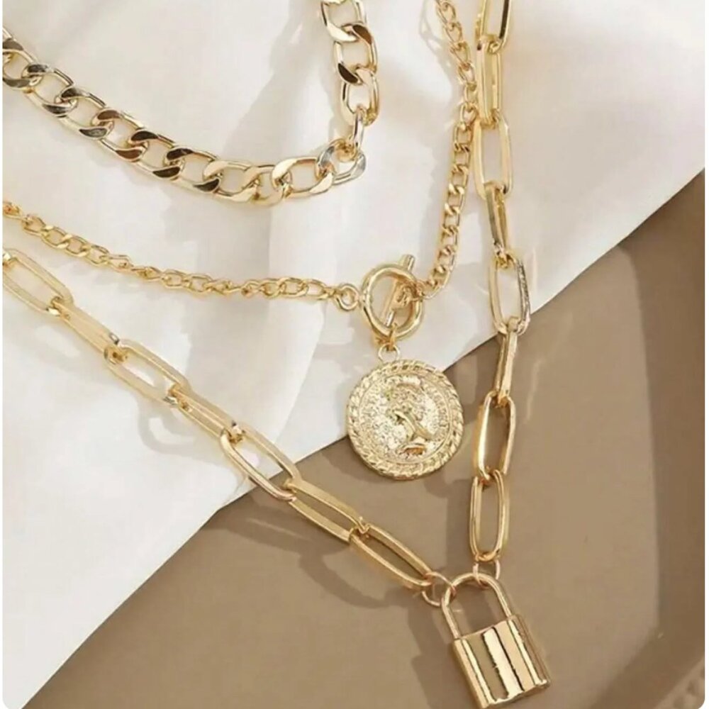 Gold Tone 3-Chain Multi-Layer Necklace Set